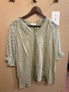 Umgee Sage Green Embroidered Sleeve Button-Front Blouse
